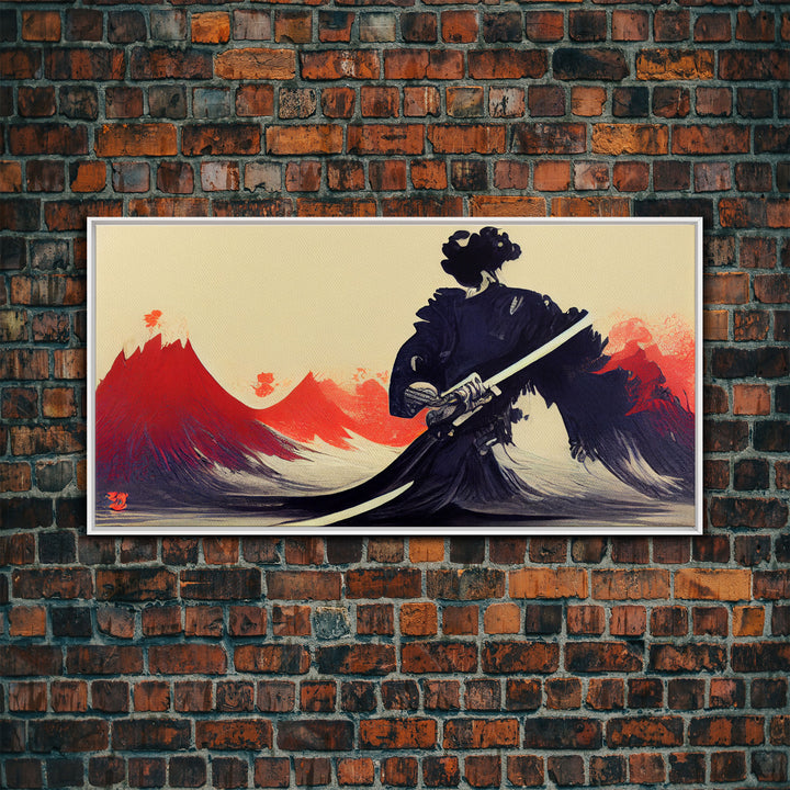 Japanese Samurai Superimposed Over Mountains, ready to hang canvas print wall art, framed canvas wall art, mancave wall art