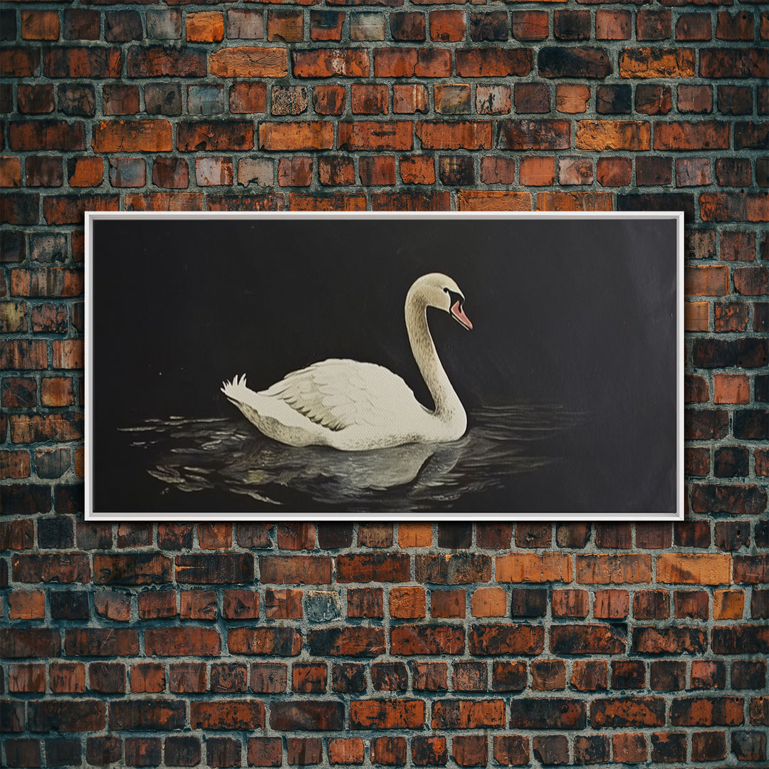 White Swan On A Black Lake, Victorian Style Vintage Art, Framed Canvas Print, Antique Art Reproduction, Traditional Wall Art