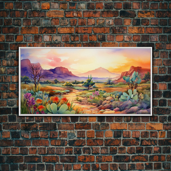 Southwestern Desert Landscape Print, Floral Print, Framed Canvas Art, Vibrant Cactus Desert Art, Mid-Century Modern, Pastel Desert Art