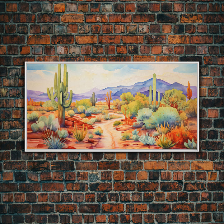 Southwestern Desert Landscape Print, Floral Print, Framed Canvas Art, Vibrant Cactus Desert Art, Mid-Century Modern, Pastel Desert Art