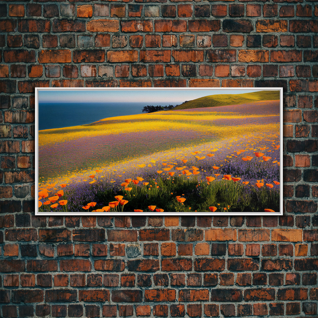 Lush Fields with Orange, Purple and Yellow Flowers, Vintage Italian Countryside, ready to hang canvas print wall art