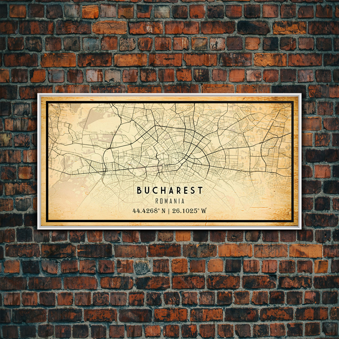 Vintage Style Bucharest City Map Wall Art Canvas Print, Distressed Bucharest Map, Framed Wall Art, Cool RomaniaTravel Wall Art, Office Art