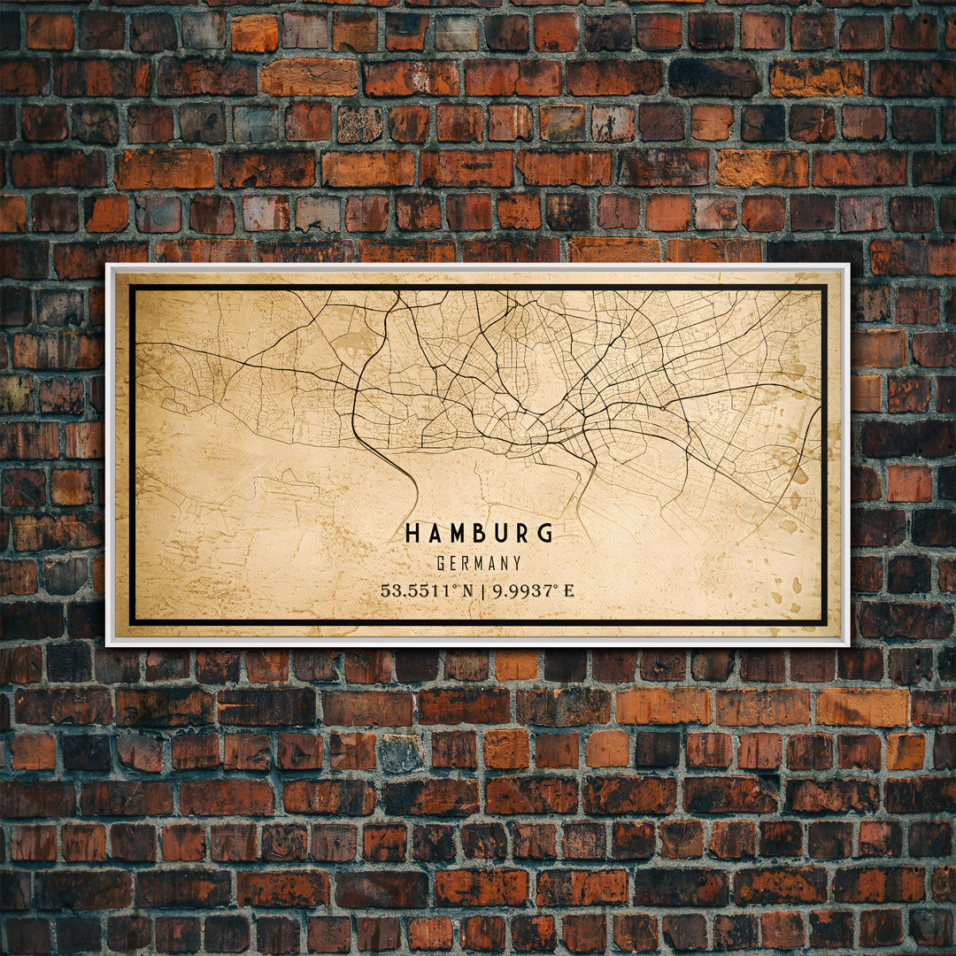 Old Hamburg Germany City Map Wall Art Canvas Print, Vintage Style Hamburg Map, Framed Wall Art, Cool Hamburg Wall Art, Office Art