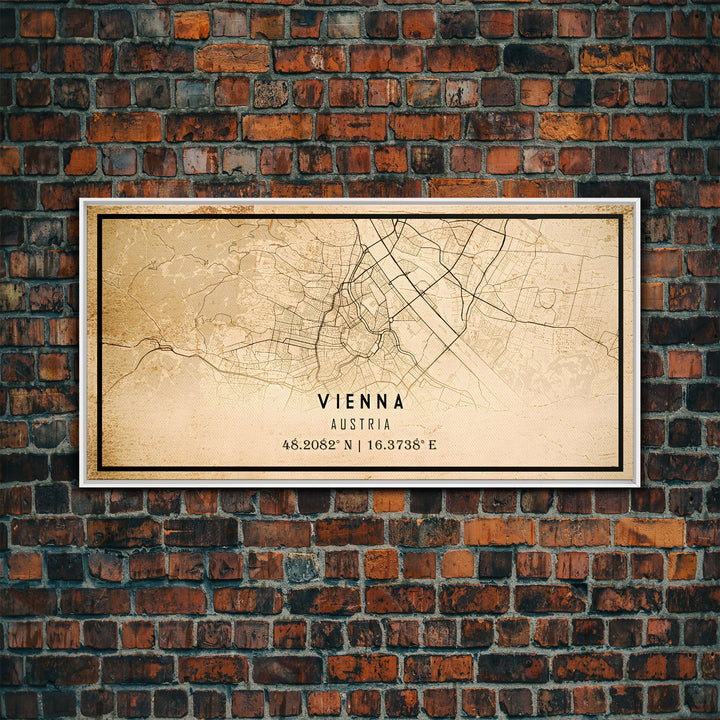 Vintage Vienna City Map Wall Art Canvas Print, Distressed Style Vienna Austria Map, Framed Wall Art, Cool Vienna Travel Wall Art, Office Art