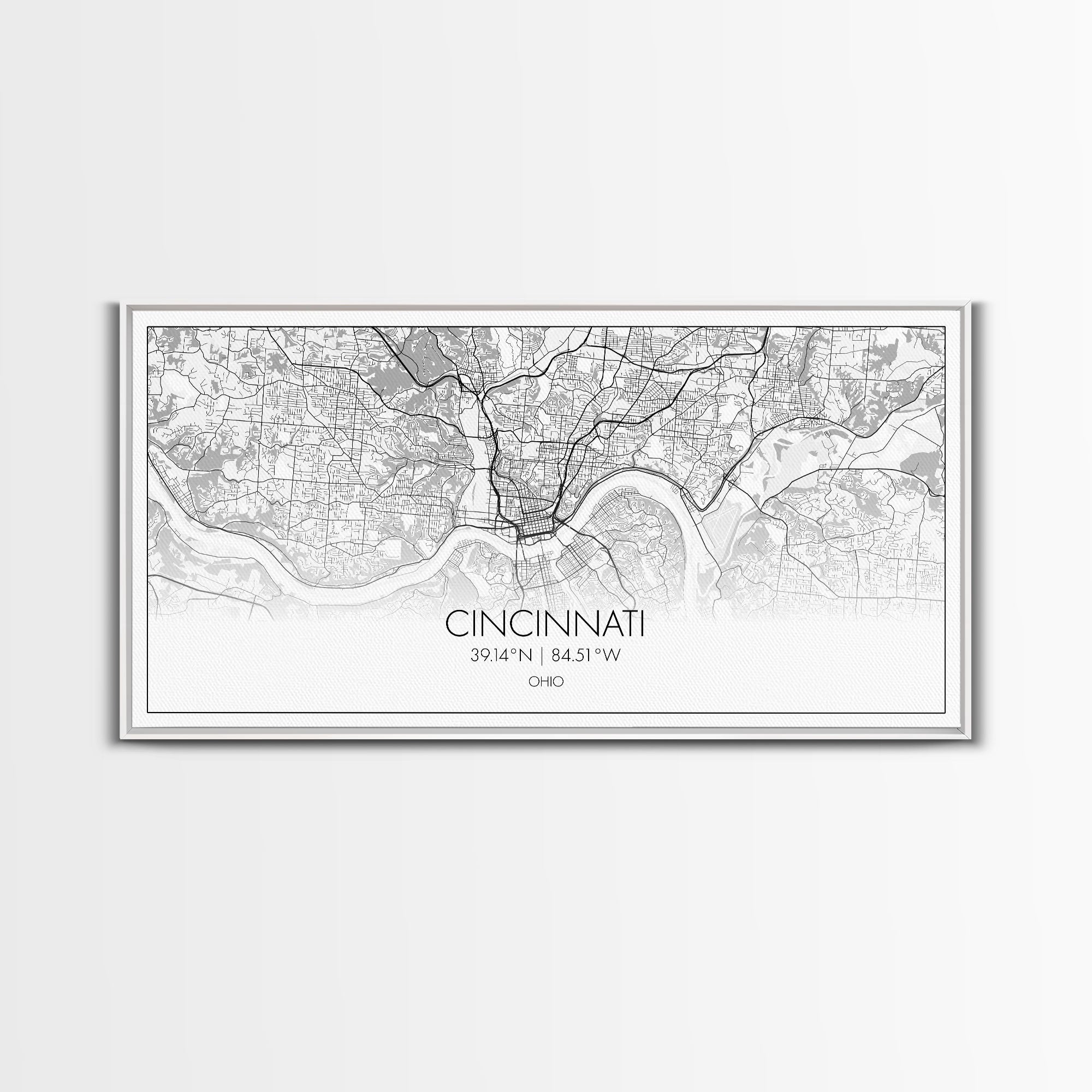 Cincinnati Street Map, Ohio Map, Map Print, Modern Art, Wall Art, Canvas Art, Garage Art, Educational Wall Art, Above Desk Décor, Room Décor