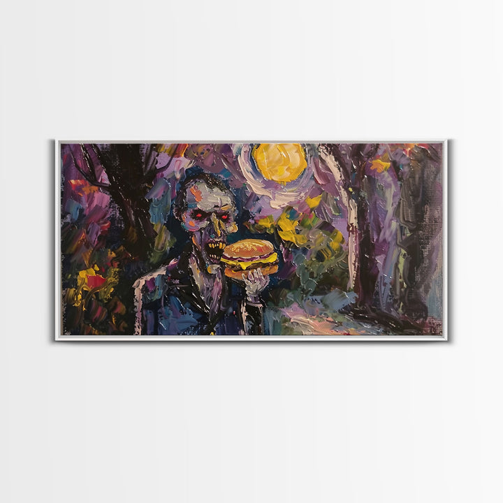 Vampire Having A Cheeseburger, Framed Canvas Print, Funny Halloween Decor