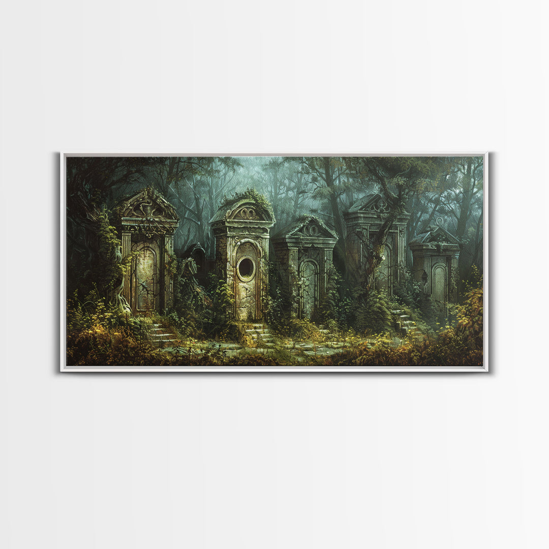 The Haunted Grave Yard, Spooky Season Framed Canvas Print, Halloween Decor, Spooky Vibes, Dark Academia Wall Art