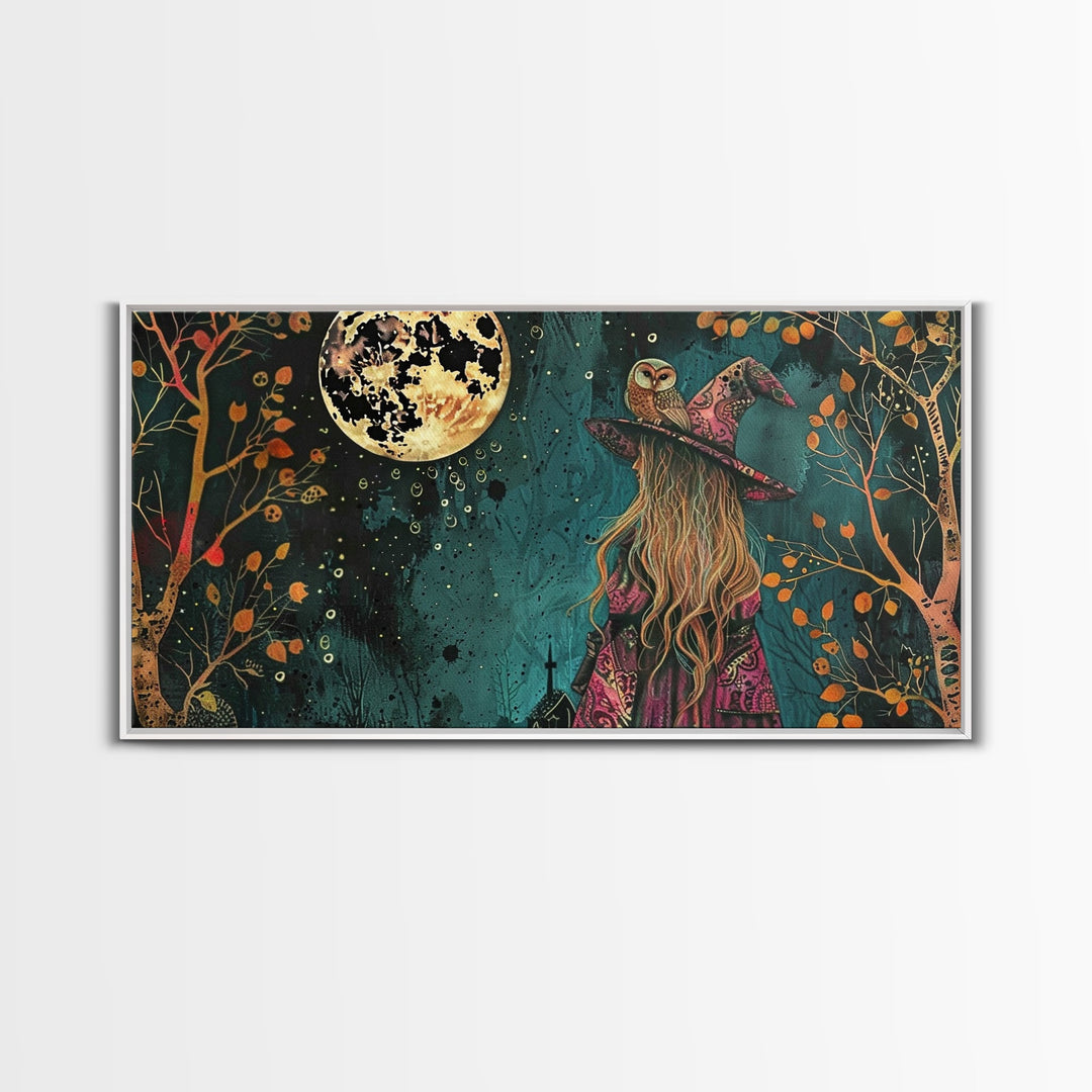 Victorian Witch and her Owl Familiar | Framed Canvas Print | Dark Academia Wall Art | Victorian Style Halloween Art