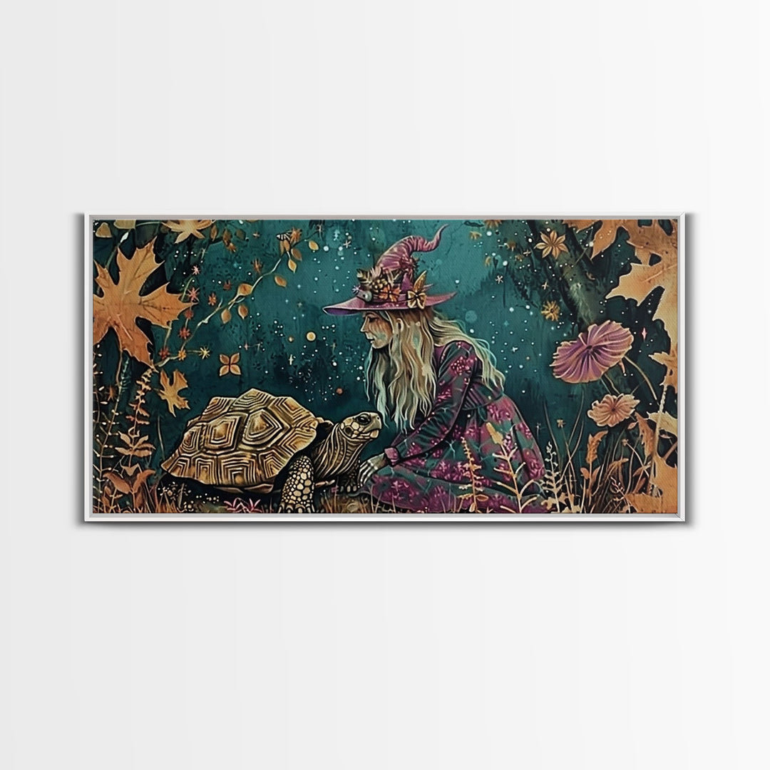 Victorian Witch and her Tortoise Familiar | Framed Canvas Print | Dark Academia Wall Art | Victorian Style Halloween Art