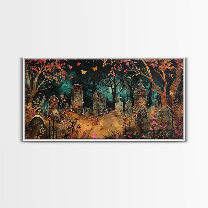 Spooktober Wall Art, Framed Canvas Print, Cottagecore Dark Academia Grave Yard Wall Art, Halloween Decor