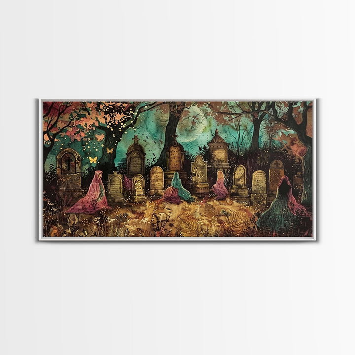 Spooktober Wall Art, Framed Canvas Print, Cottagecore Dark Academia Grave Yard Wall Art, Halloween Decor