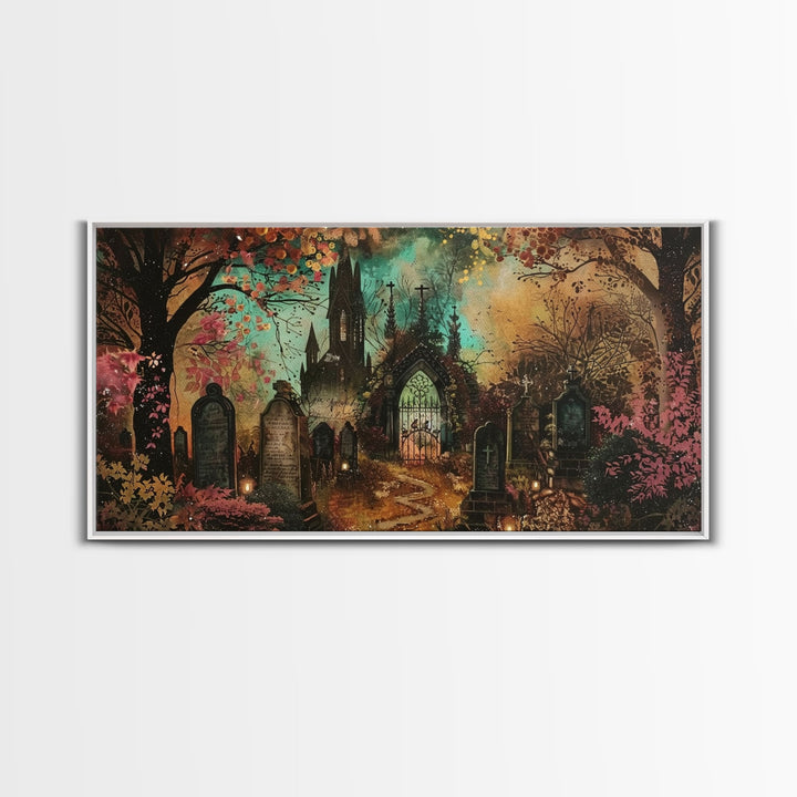 Ye Old Haunted Graveyard, Framed Canvas Print, Halloween Art