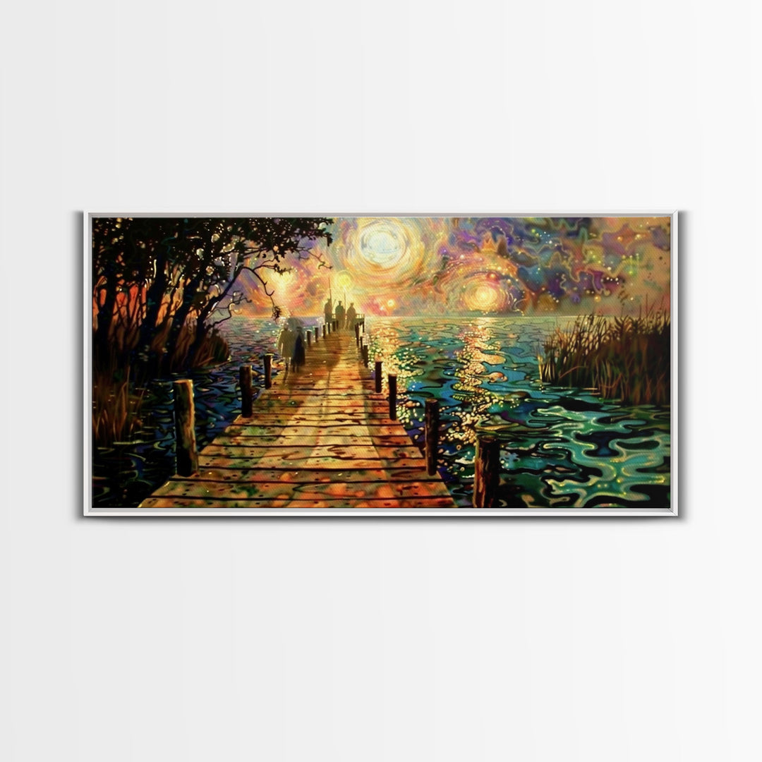 Starry Night Inspired Haunted Ghostly Docks At Night, Framed Canvas Print, Halloween Decor