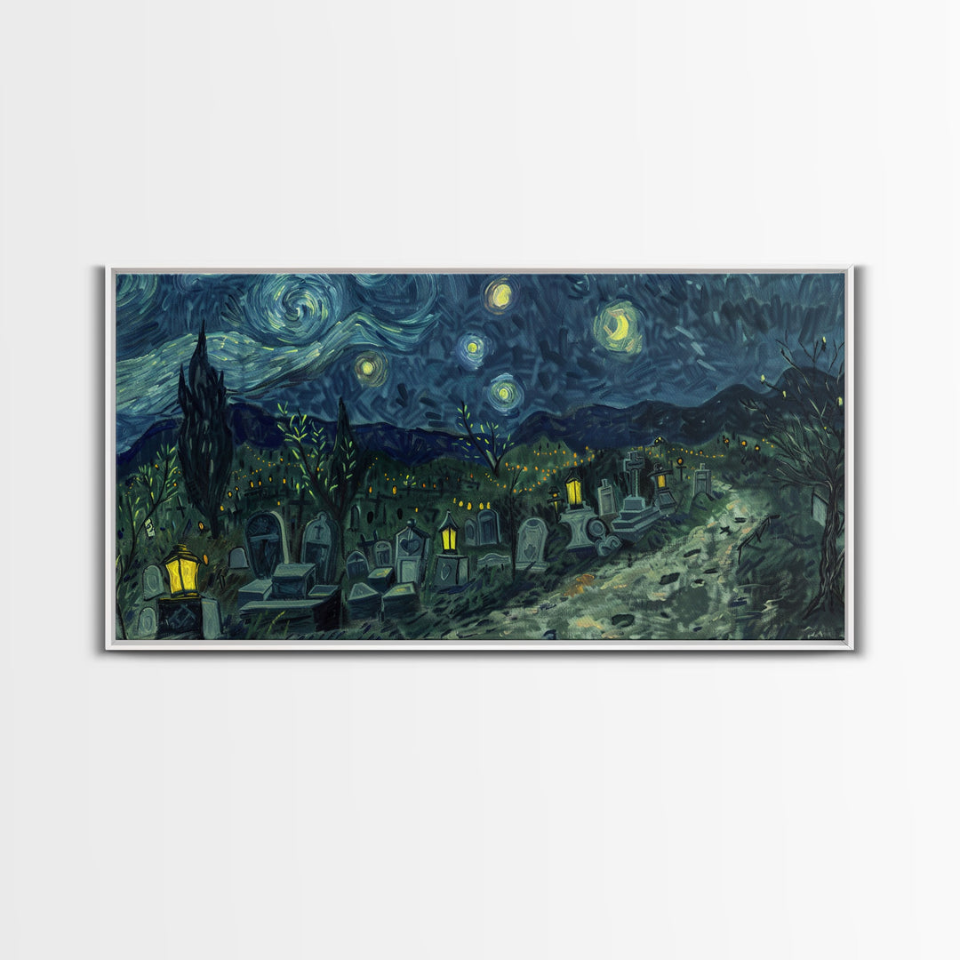 Starry Night Inspired Haunted Cemetery, Framed Canvas Print, Spooky Season Gift Idea, Halloween Decor, Halloween Prop