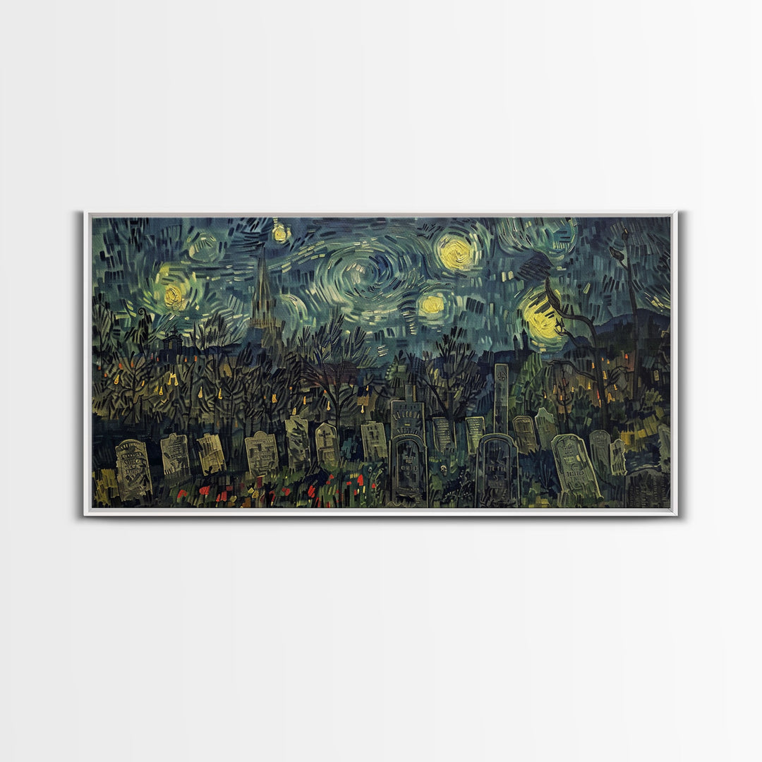 Starry Night Inspired Haunted Cemetery, Framed Canvas Print, Spooky Season Gift Idea, Halloween Decor, Halloween Prop