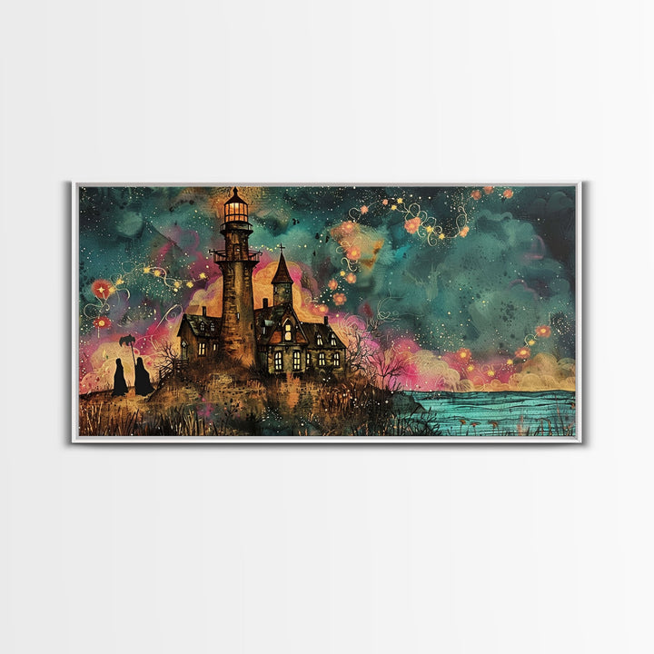 The Haunted Light House, Abstract Art, Framed Canvas Print, Original Midcentury Style Lighthouse Painting Wall Decor