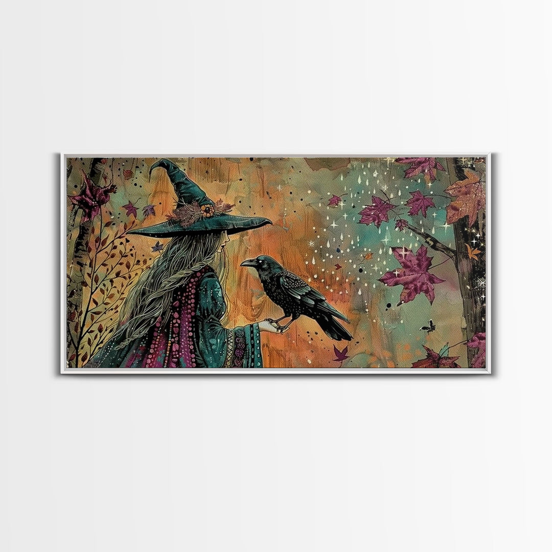 The Witch and The Raven Familiar, Framed Canvas Print, Halloween Gift, Halloween Props, Halloween Wall Art