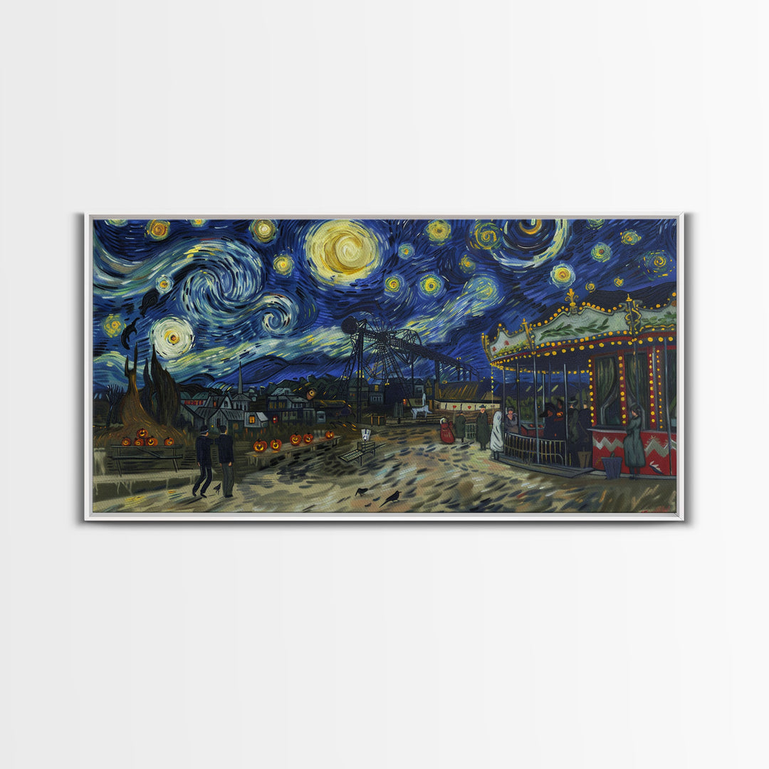 Spooky Haunted Carnival, Framed Canvas Print, Starry Night Inspired Spooky Season Wall Art, Halloween Prop