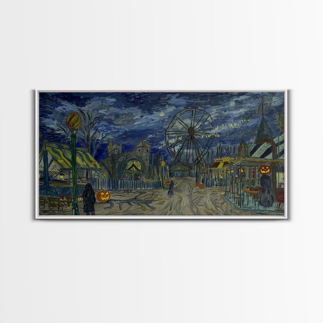 Spooky Haunted Carnival, Framed Canvas Print, Starry Night Inspired Spooky Season Wall Art, Halloween Prop