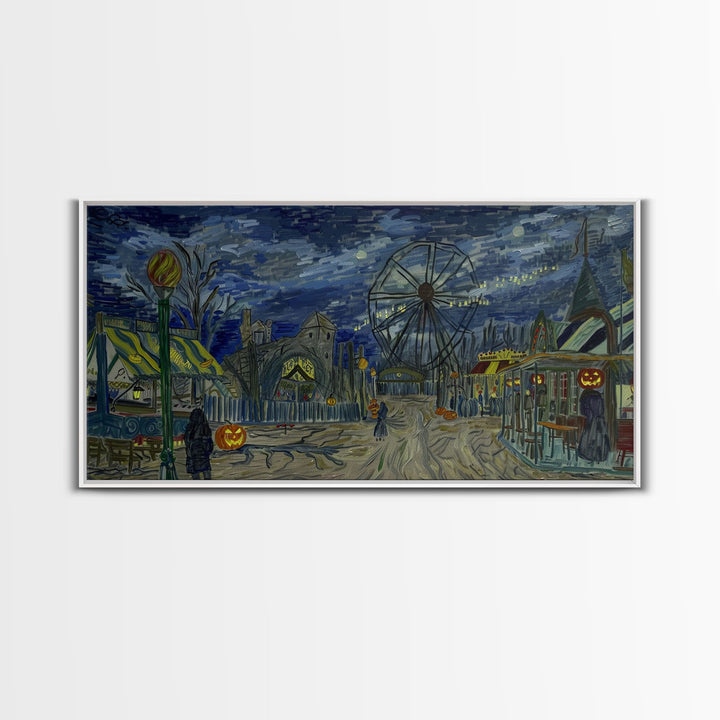 Spooky Haunted Carnival, Framed Canvas Print, Starry Night Inspired Spooky Season Wall Art, Halloween Prop