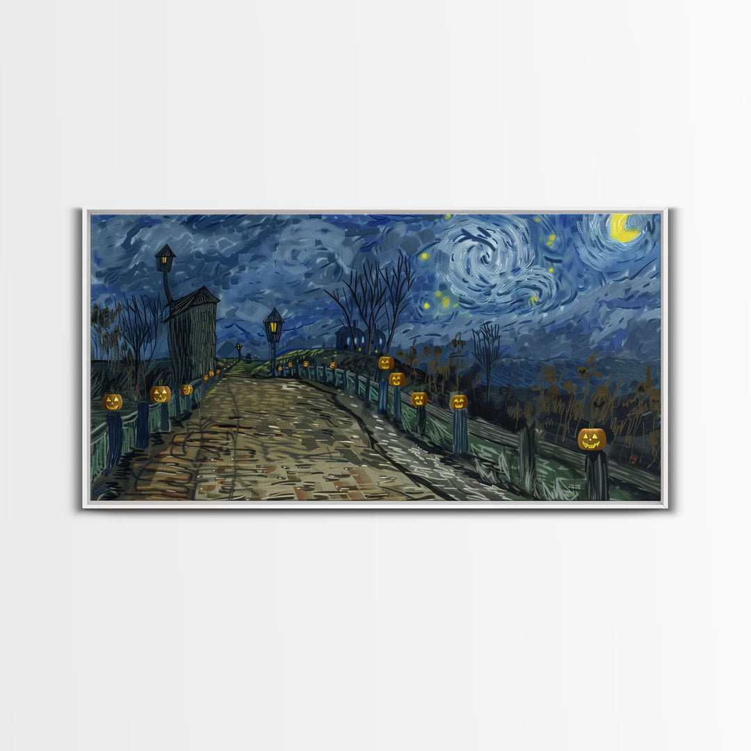 The Haunted Bridge, Framed Canvas Print, Spooky Home Decor, Starry Night Inspired