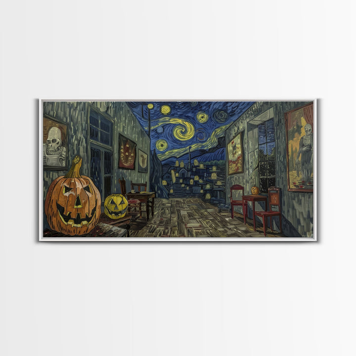 Starry Night Inspired Halloween Decor, Framed Canvas Print, Haunted Grave Yard