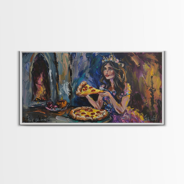 The Princess and the Pizza, Framed Canvas Print, Funny Decor, Funny Art