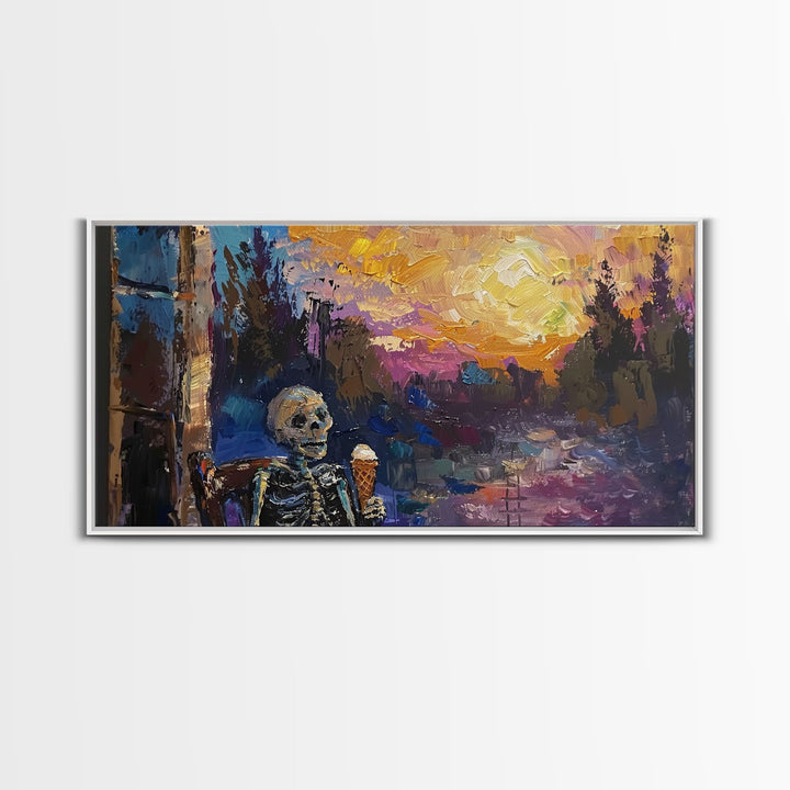 Spooky Skeleton having an ice cream cone at sunset, framed canvas print, funny halloween decor, halloween art