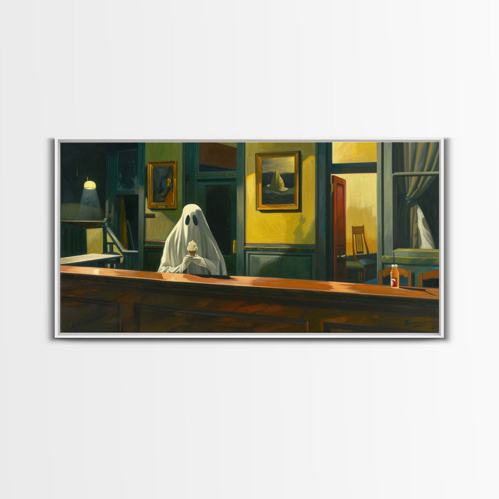 The Haunted Diner, Ghost Having an ice cream cone, Funny Halloween Art Framed Canvas Print