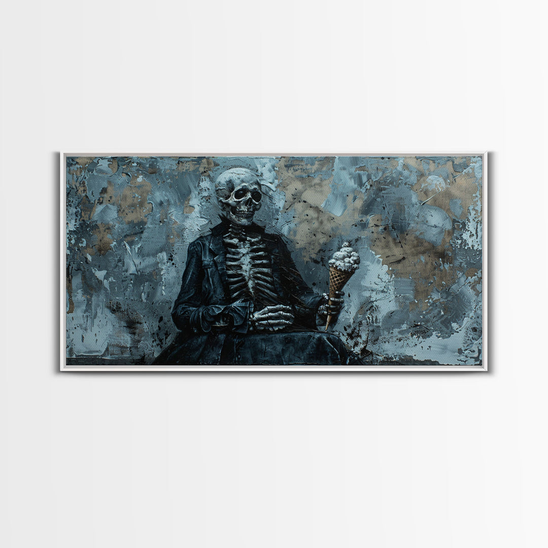 Skeleton Having an Ice Cream Cone, Macabre Wall Art, Framed Canvas Print, Spooky Halloween Art