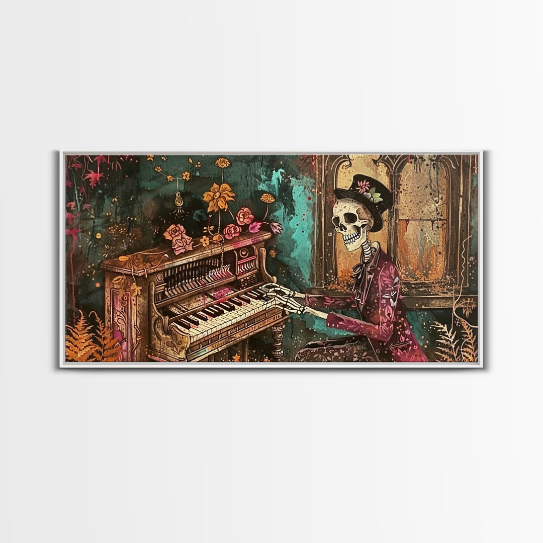 Skeleton Playing The Piano, Framed Canvas Print, Halloween Decor, Spooky Month Home Decor