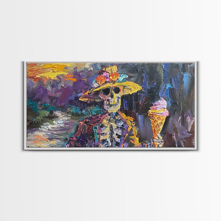 Skeleton In A Flower Hat Having an Ice Cream, Framed Canvas Print, funny Halloween Wall Art