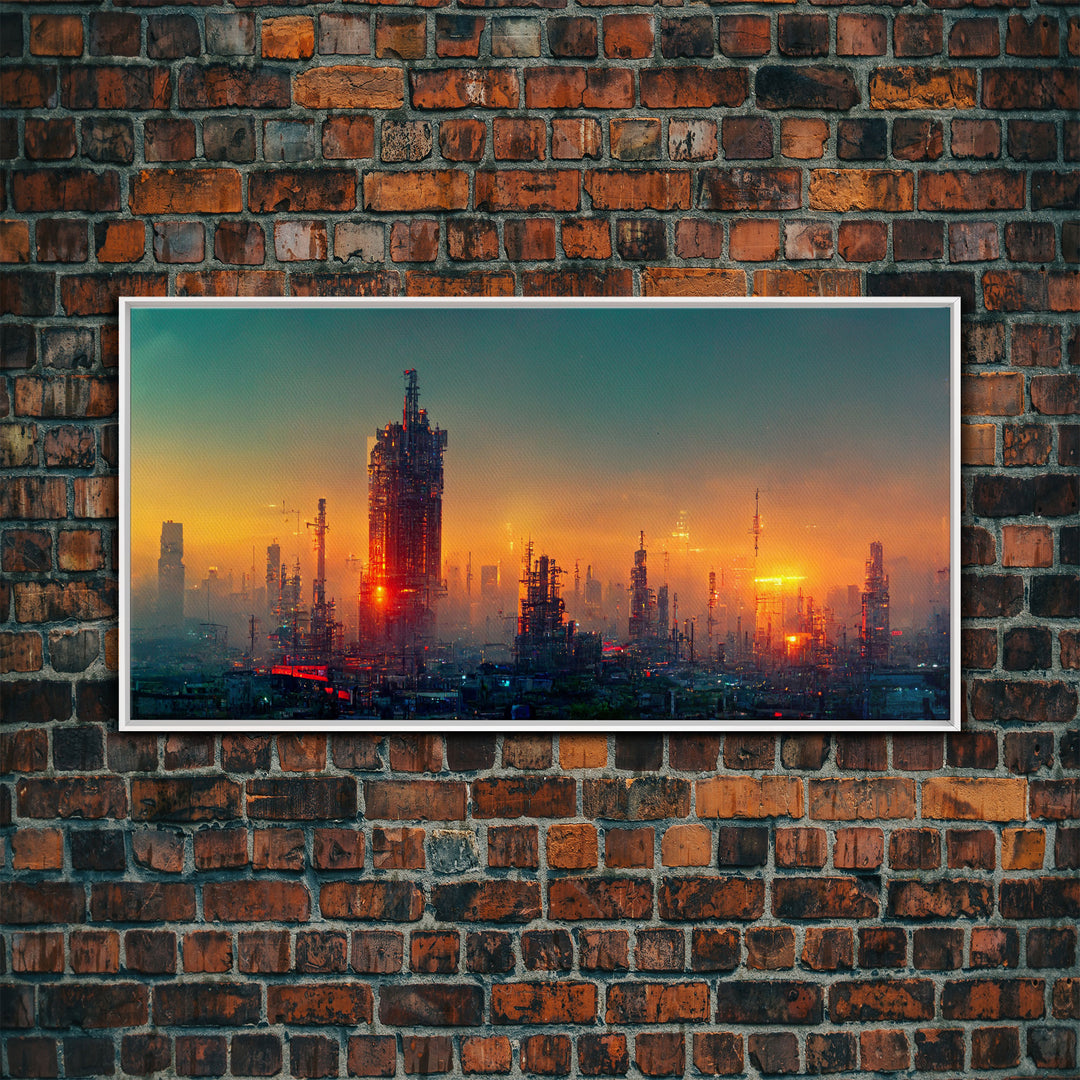 Cyberpunk city canvas art, video game concept art, living room wall art, dystopian art, outrun style city at sunset, man cave wall art