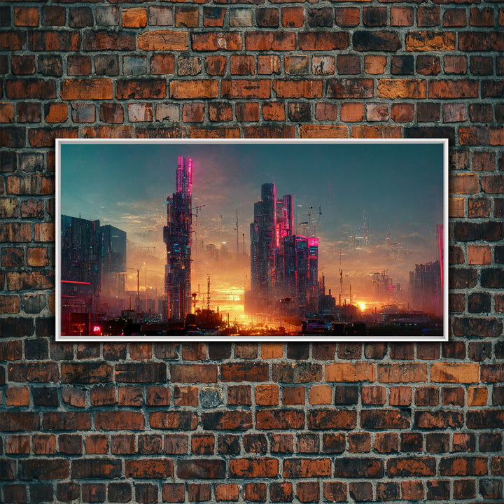 Cyberpunk city canvas, video game concept art, living room wall art, dystopian art, outrun style city at sunset, man cave art canvas print