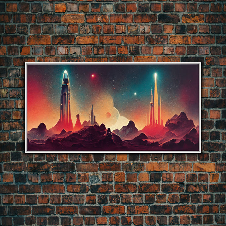 Art deco style space canvas print, space ship art, space art, outrun style, sci-fi themed art print, science fiction wall art