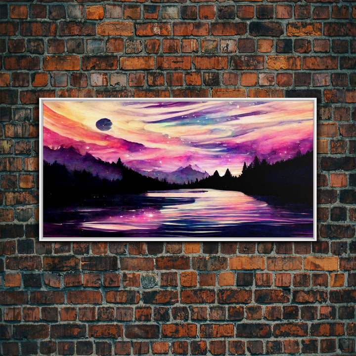 Beautiful lake at night canvas print, purple and pink sunset night sky, wall art canvas, lake front view, guest room, surreal Lakehouse Art