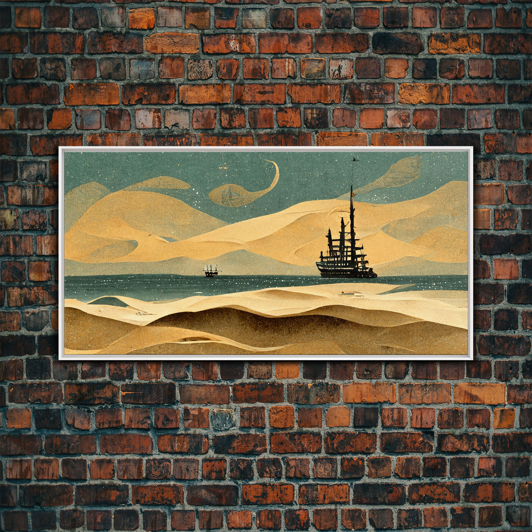 Art deco canvas print, pirate ship at sea beyond the sand dunes, living room wall art