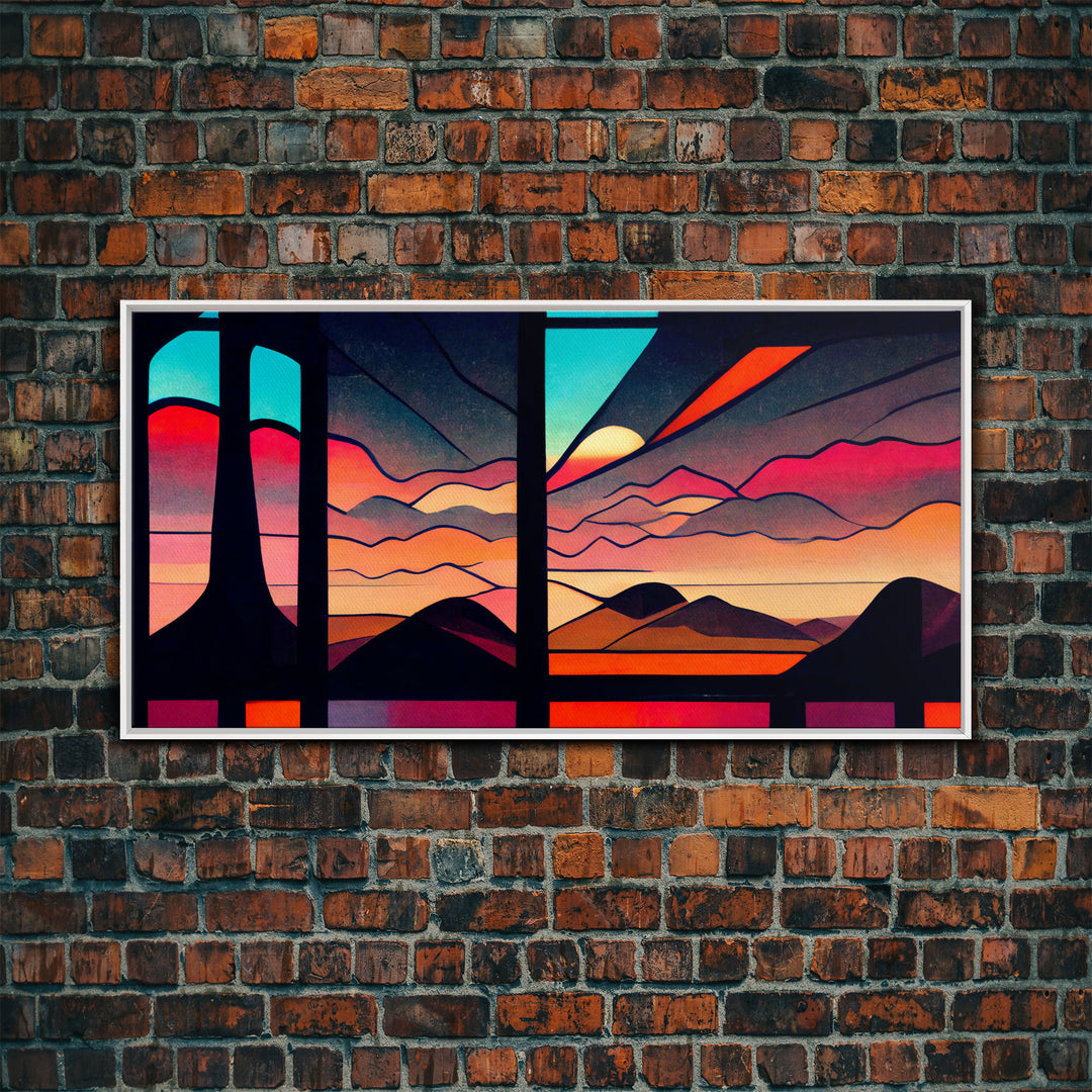 Pueblo style art deco sunset canvas print, outrun, colorful art, desert art, living room wall art, stained glass look, Arizona style art