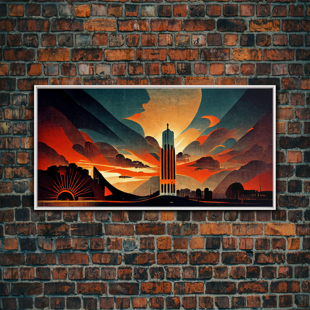 Dystopian metropolis canvas print, ready to hang wall art, art deco sunset, 1930s architecture, living room art, art nouveau