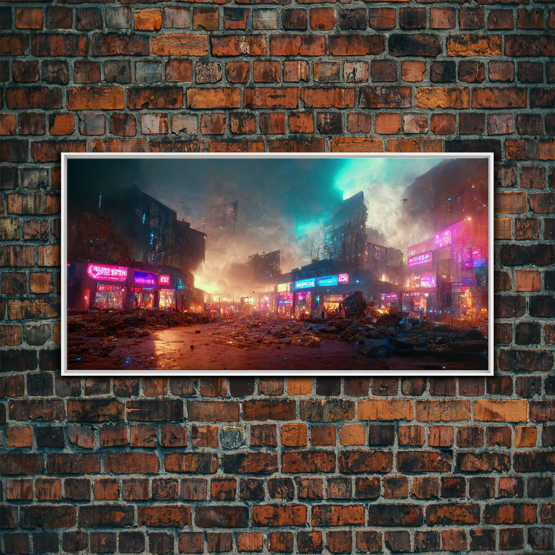 Destitute cyberpunk city with neon signs wall art, Bladerunner vibes art, synthwave style art, cool wall art