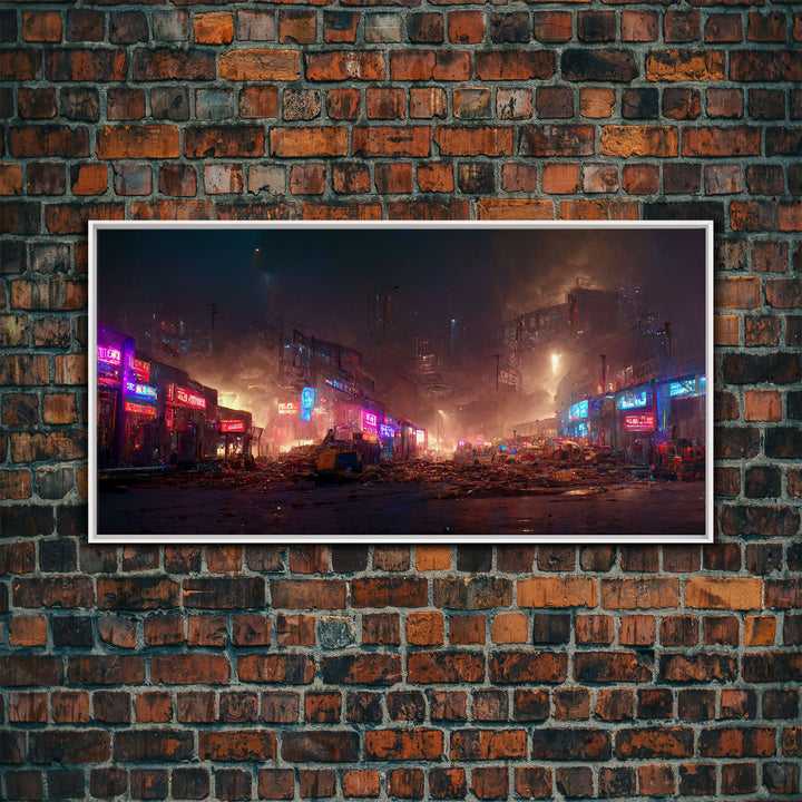 Destitute cyberpunk city with neon signs wall art, Bladerunner vibes art, synthwave style art, cool wall art