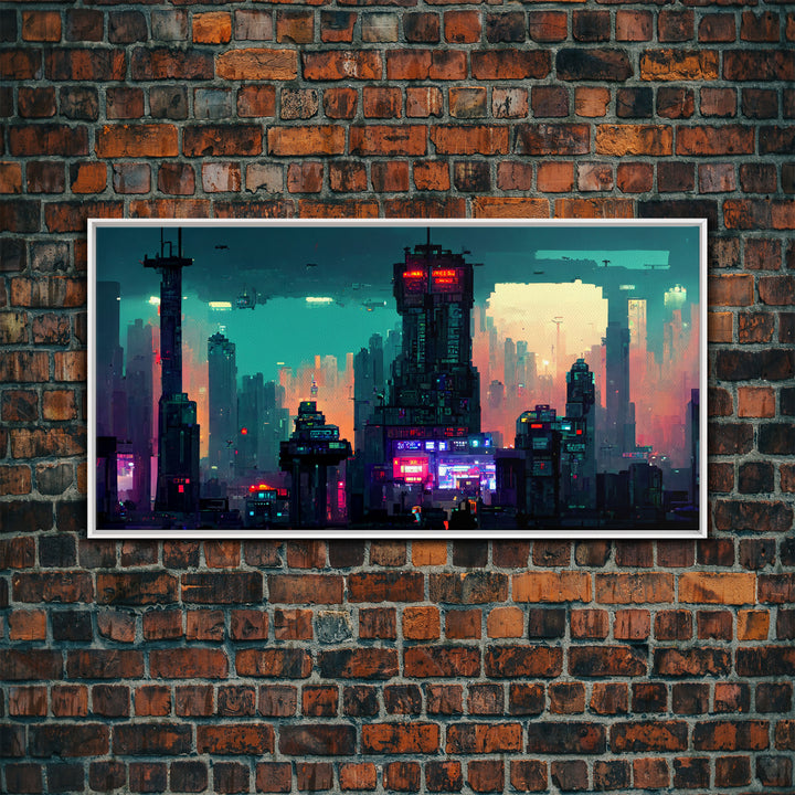 cyberpunk city pixel art canvas print, wall art, Bladerunner vibes art, synthwave style art, cool wall art