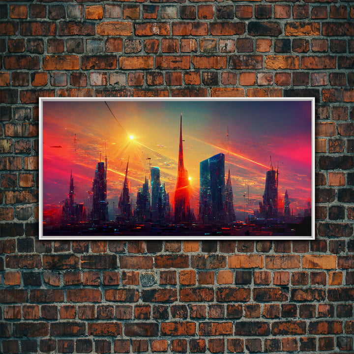 Dystopian Cyberpunk canvas print, cyber punk city at sunset, Bladerunner vibes art, synthwave style art, cool wall art, night city