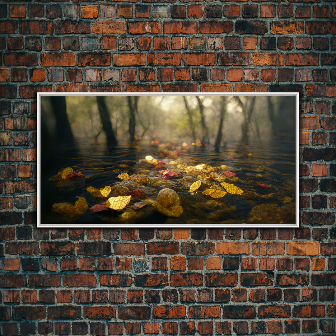 Fall leaves floating down the river, autumn, landscape and nature canvas print, oil painting style, neutral wall art