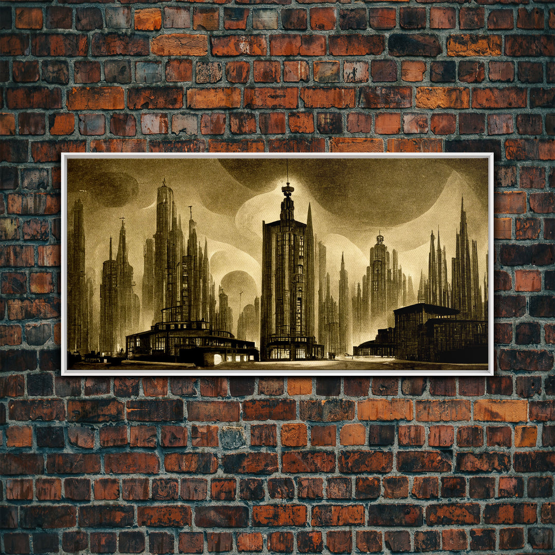 Dystopian Metropolis Art Deco Canvas Print, City Skyline, Fantasy Art, Art Deco Living Room Art, ready to hang wall art