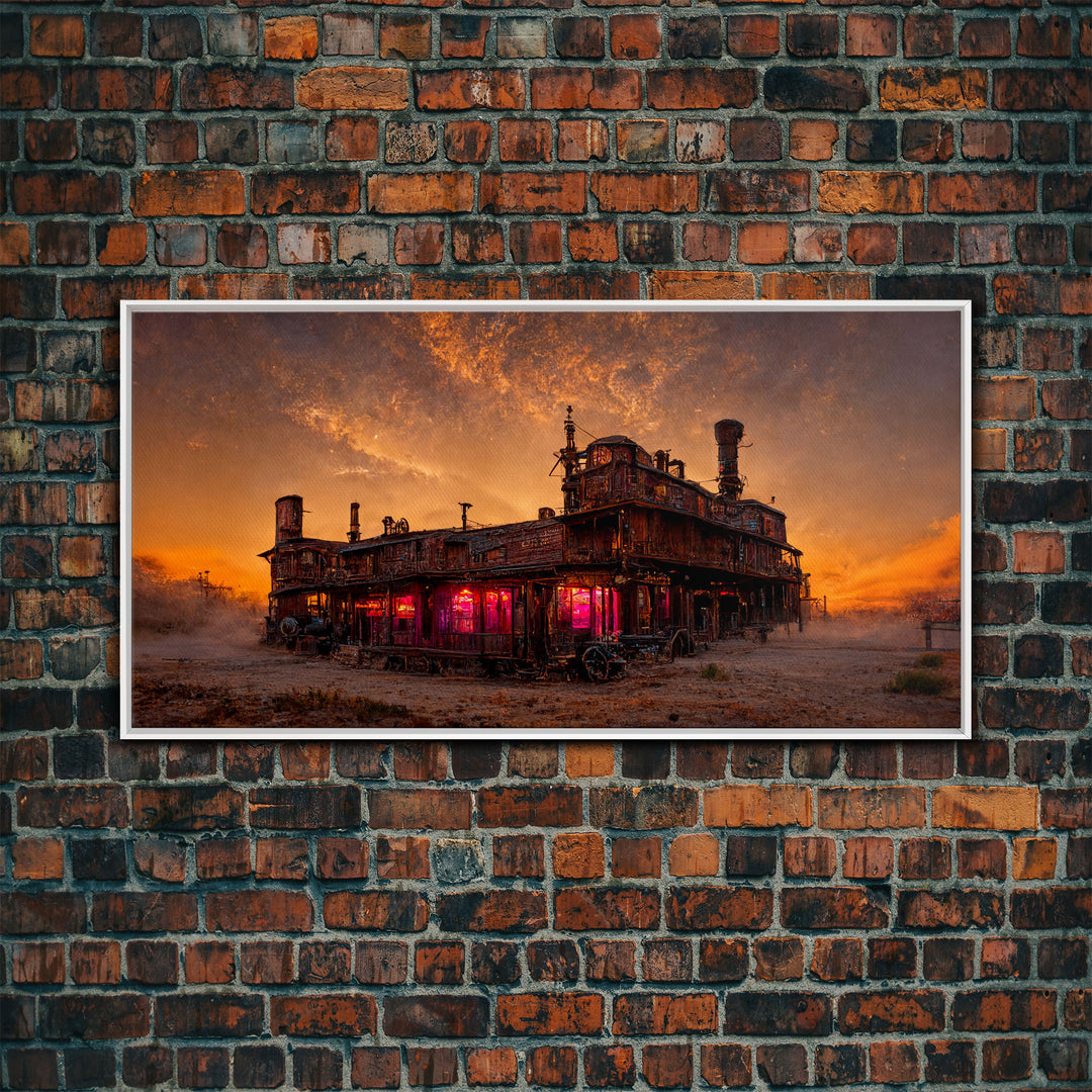 Dystopian steampunk wild west mashup, abandoned wild west saloon art, canvas print, ready to hang wall art