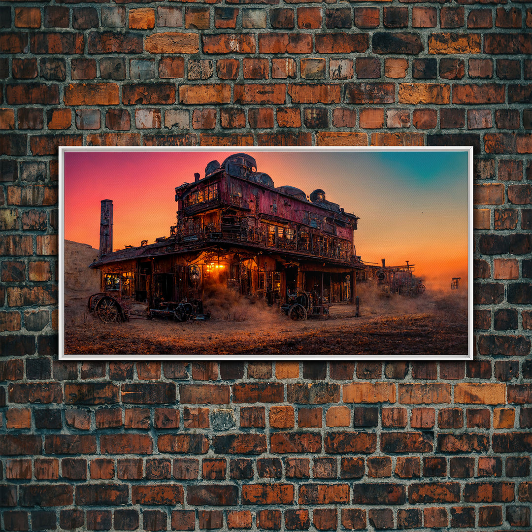 Synthwave Retro Wll Art, Dystopian steampunk wild west mashup, abandoned wild west saloon art, canvas print, ready to hang wall art