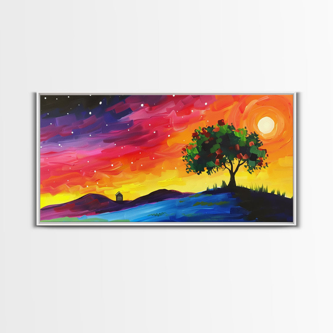 Vibrant Tree Under Starry Sky, Framed Canvas Print, Perfect for Living Room Art, Modern Home Decor, Colorful Bedroom Wall Art