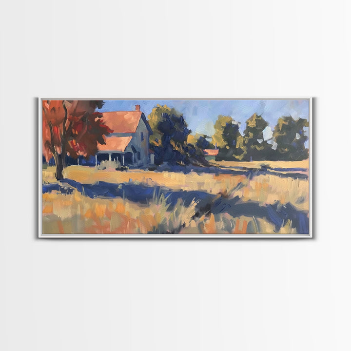 Tranquil Farmhouse with Red Roof, Framed Canvas Print, Great for Living Room Art, Pastoral Home Decor, Peaceful Bedroom Wall Art