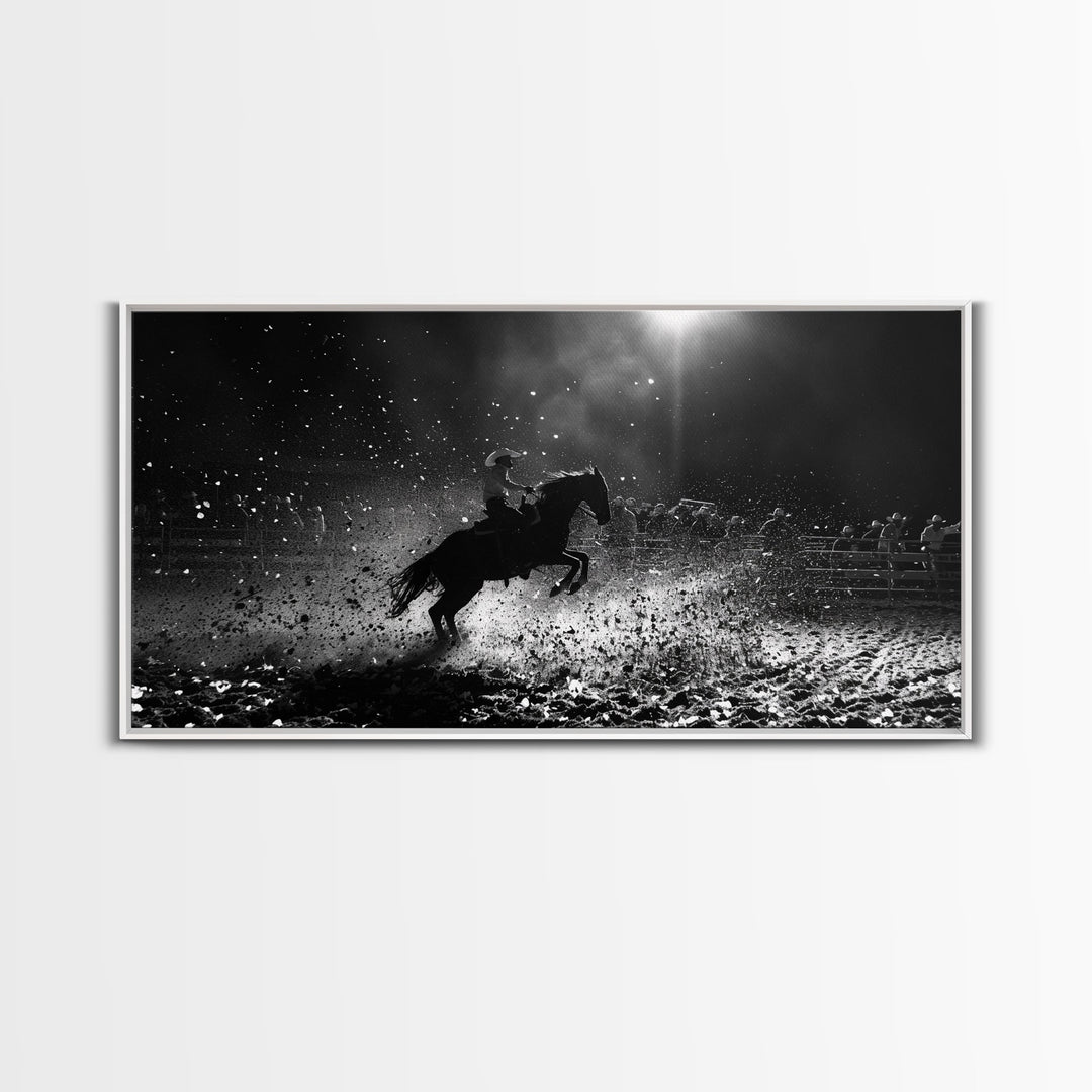 Action-Packed Rodeo Night Scene with Cowboy and Horse, Ideal for Framed Canvas Print, Living Room Wall Art, Perfect Bedroom Decor